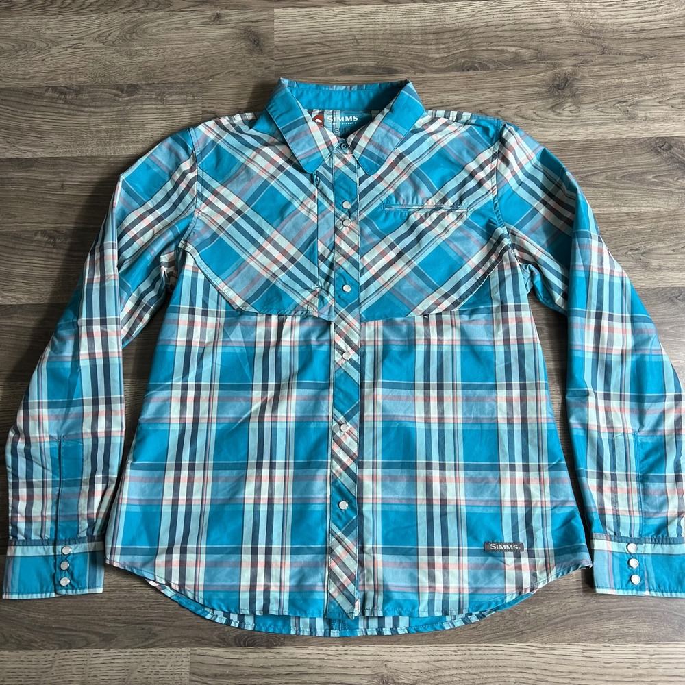 Simms Shirt Womans Large Pearl Snap Button‎ Up Fishing Western Plaid Outdoors